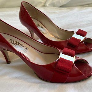 Salvatore Ferragamo Red Peep Toe Low Heels